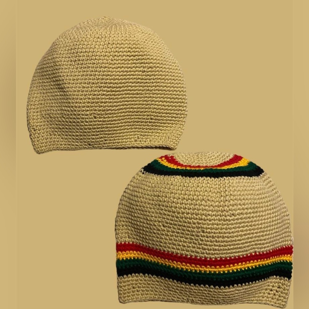 Nude color beanie and also a hint of color